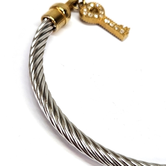 Emma Skye DSMK Stainless Steel Two-Tone Cable Bangle Bracelet Crystal Key Charm - Picture 4 of 7